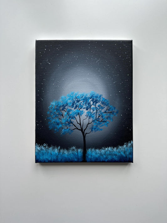 Night Whisper – Original 8x10 Acrylic Painting of a Tree Under Starlight