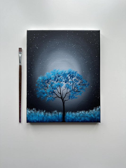 Night Whisper – Original 8x10 Acrylic Painting of a Tree Under Starlight
