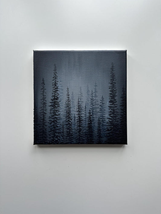 Into the Pines – Original 8x8 Monochrome Forest Acrylic Painting