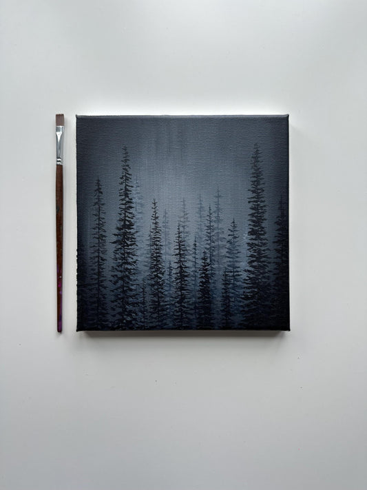 Into the Pines – Original 8x8 Monochrome Forest Acrylic Painting