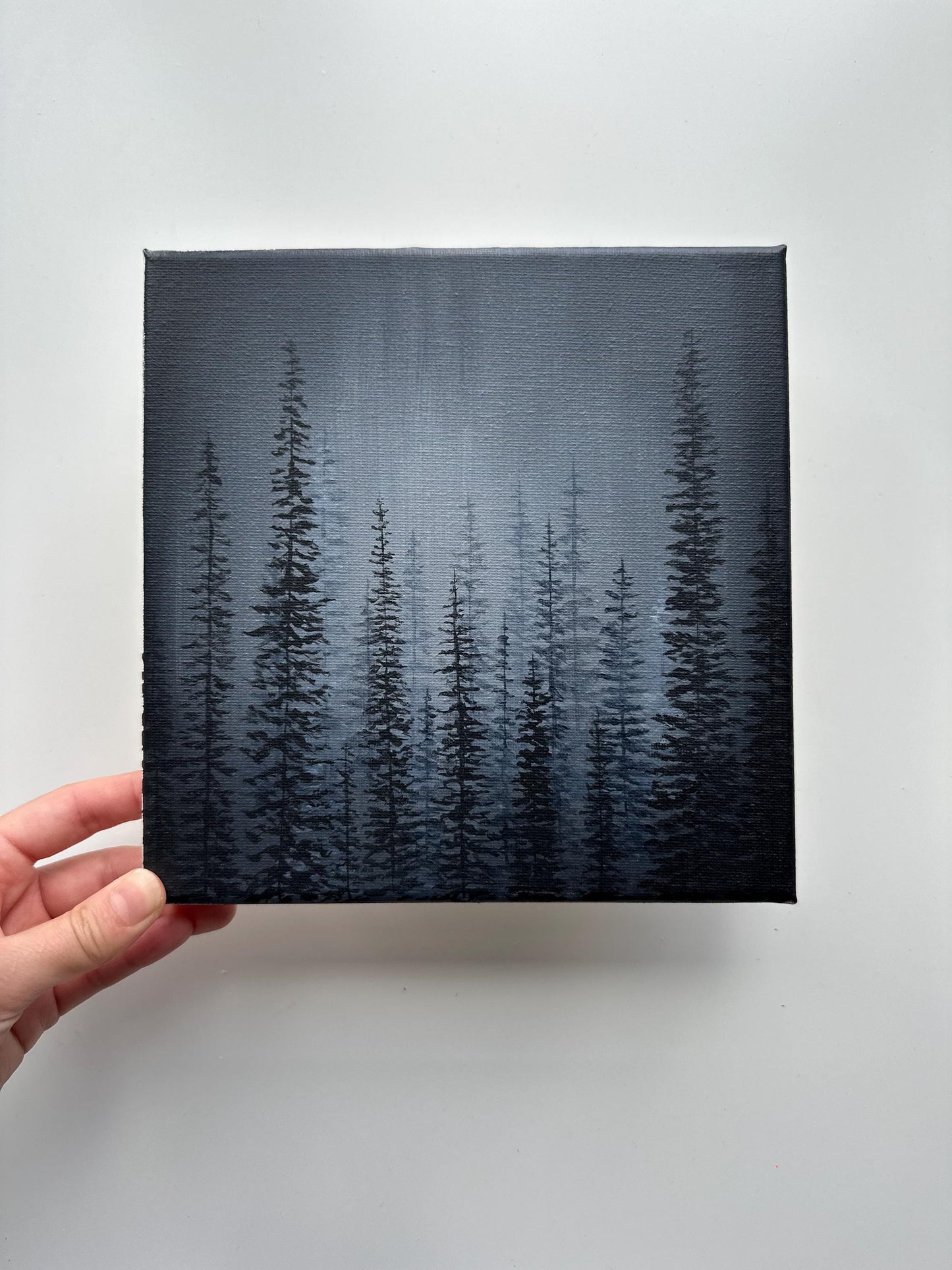 Into the Pines – Original 8x8 Monochrome Forest Acrylic Painting