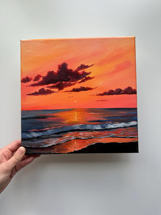Sunset Over Waves – Original 10x10 Seascape Painting on Canvas