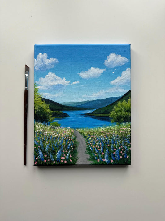 Wildflower Path to the Lake – 8x10 Original Acrylic Landscape Painting