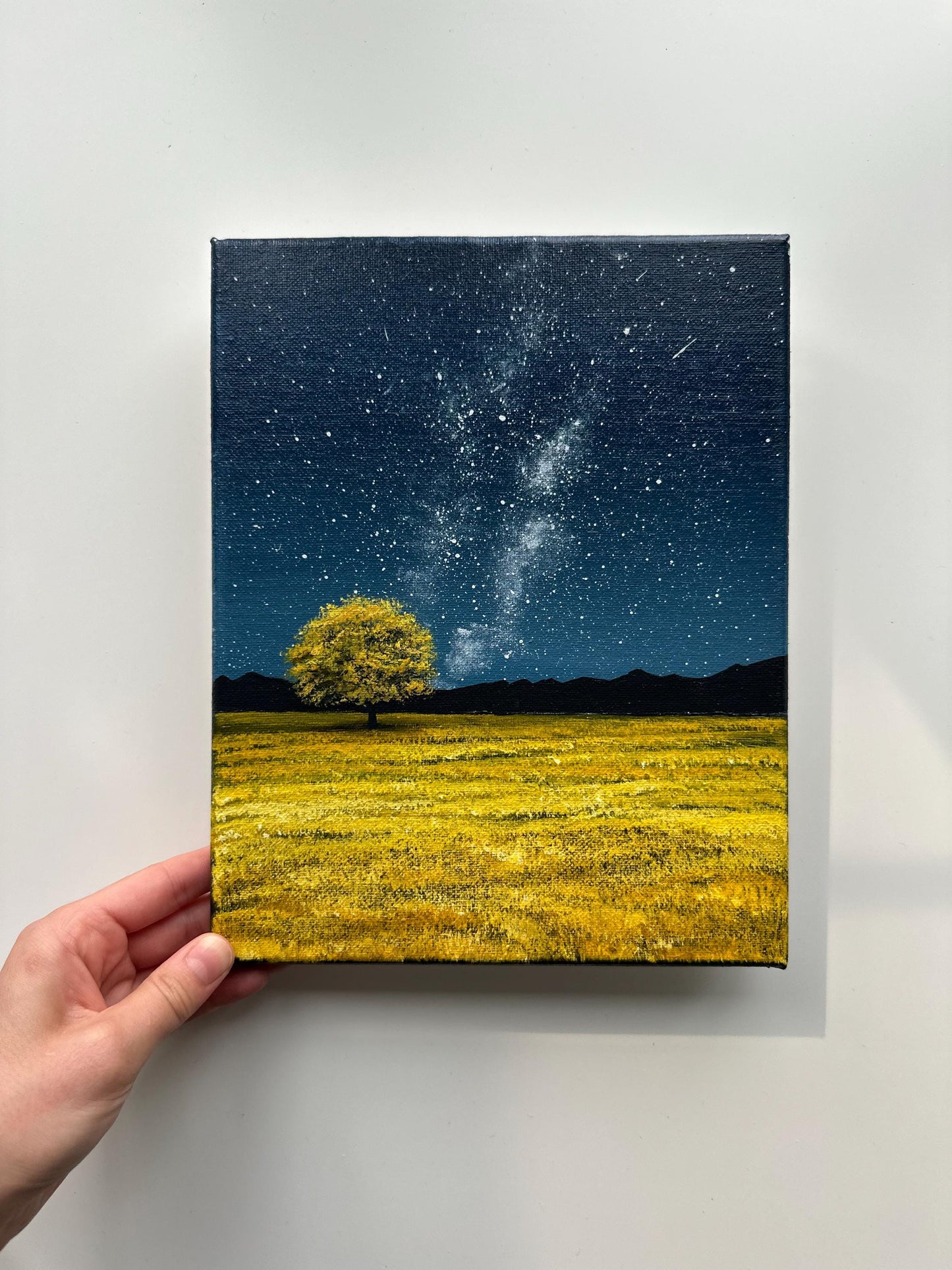 Golden Field at Night – 8x10 Starry Night Acrylic Landscape Painting