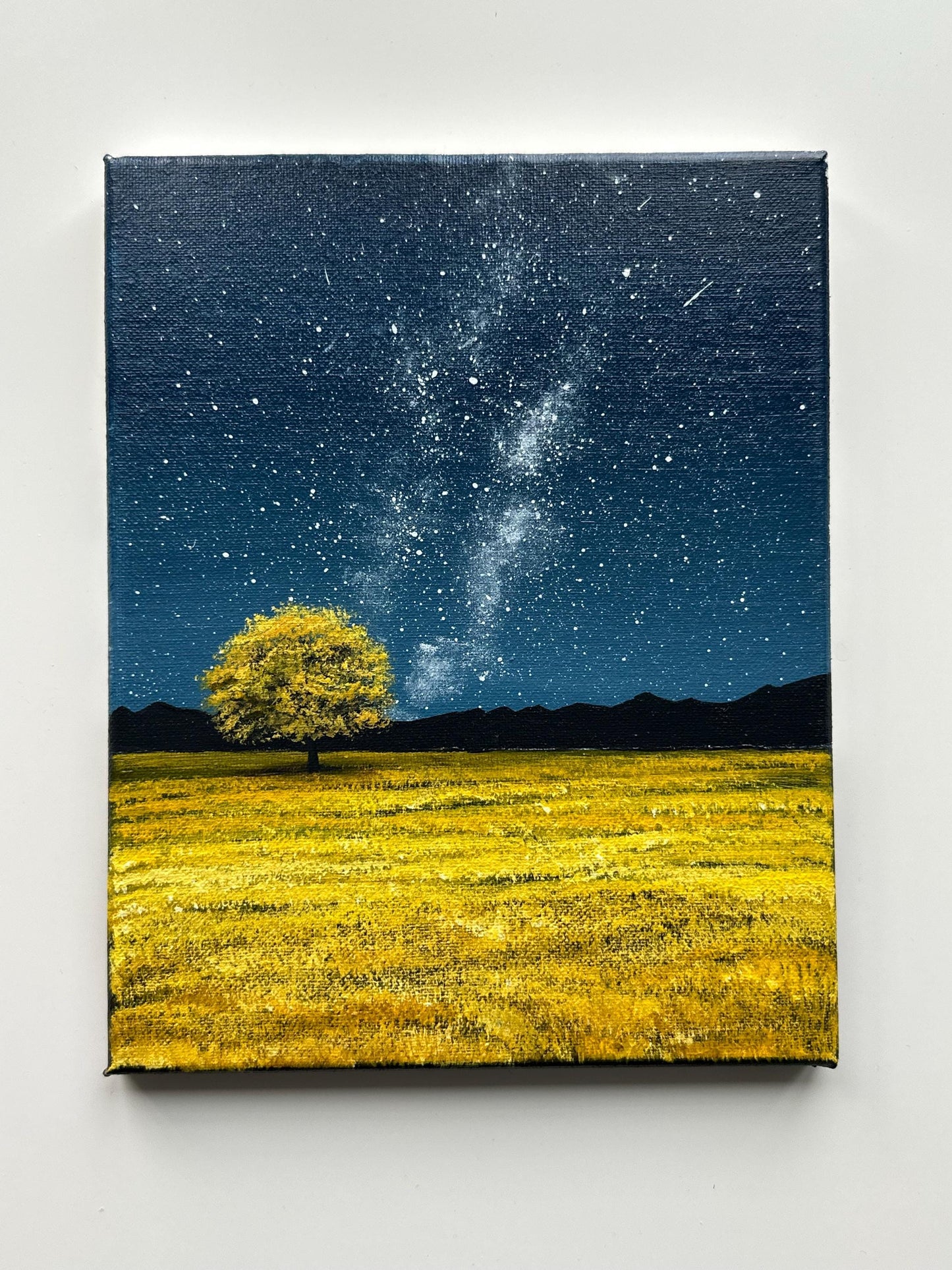 Golden Field at Night – 8x10 Starry Night Acrylic Landscape Painting