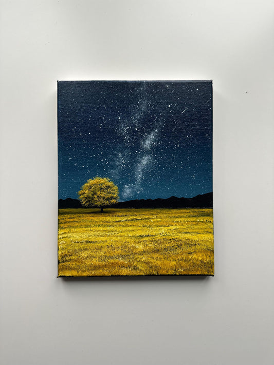 Golden Field at Night – 8x10 Starry Night Acrylic Landscape Painting
