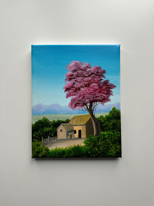 Cottage Under the Pink Tree – 8x10 Original Acrylic Landscape Painting