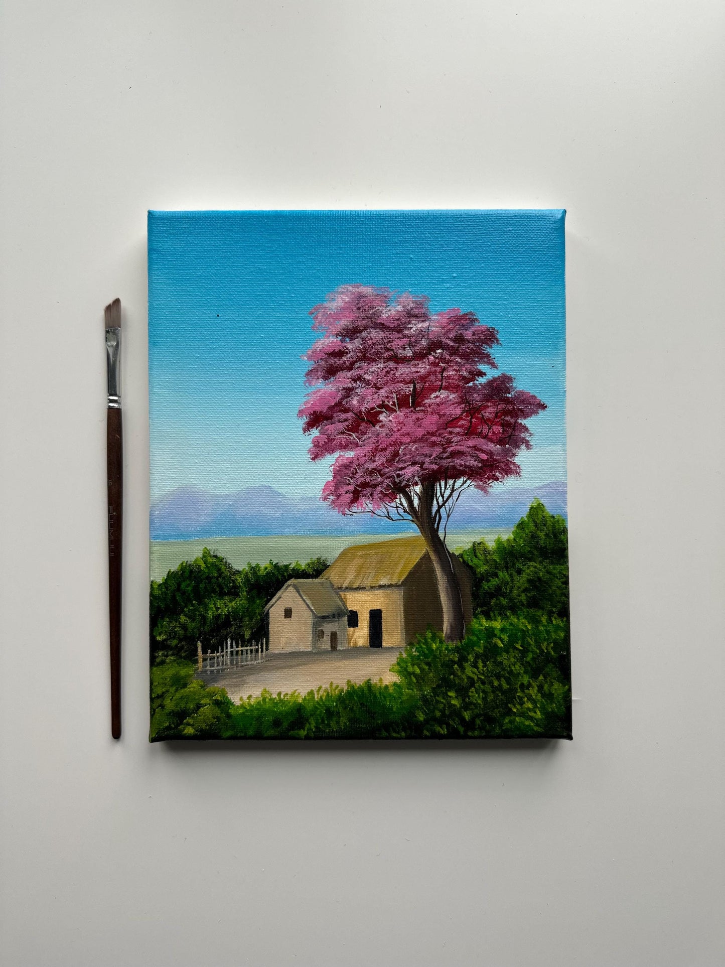 Cottage Under the Pink Tree – 8x10 Original Acrylic Landscape Painting
