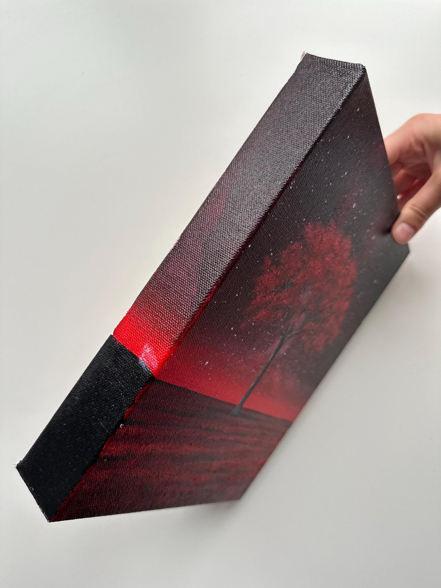 Crimson Tree Under the Stars – 8x10 Acrylic Painting on Gallery-Wrapped Canvas