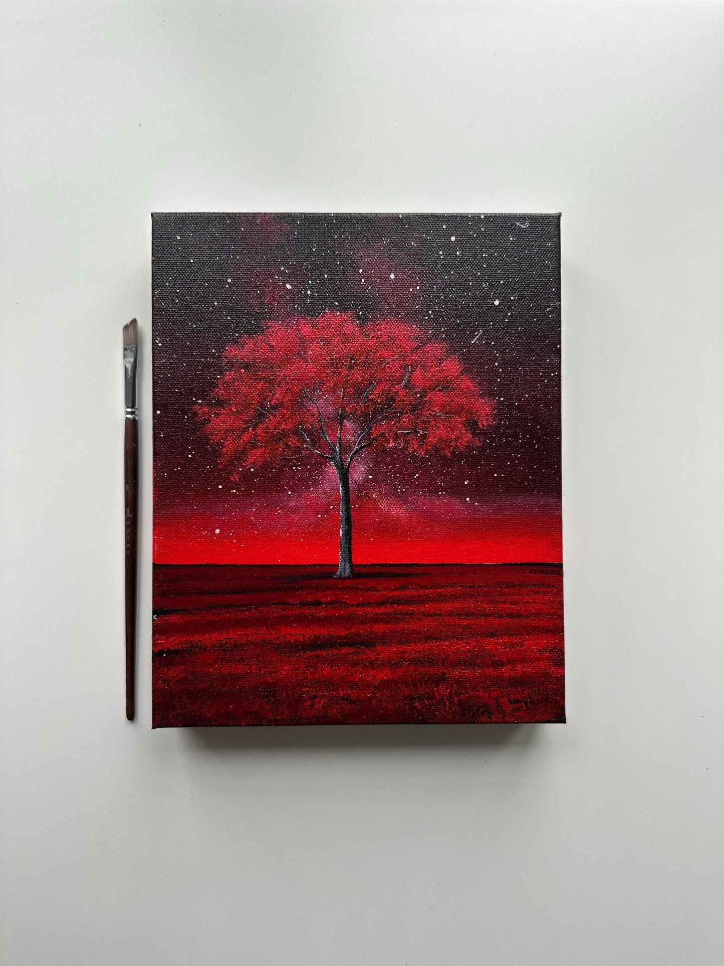 Crimson Tree Under the Stars – 8x10 Acrylic Painting on Gallery-Wrapped Canvas
