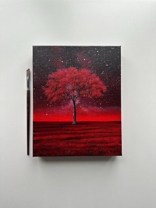 Crimson Tree Under the Stars – 8x10 Acrylic Painting on Gallery-Wrapped Canvas