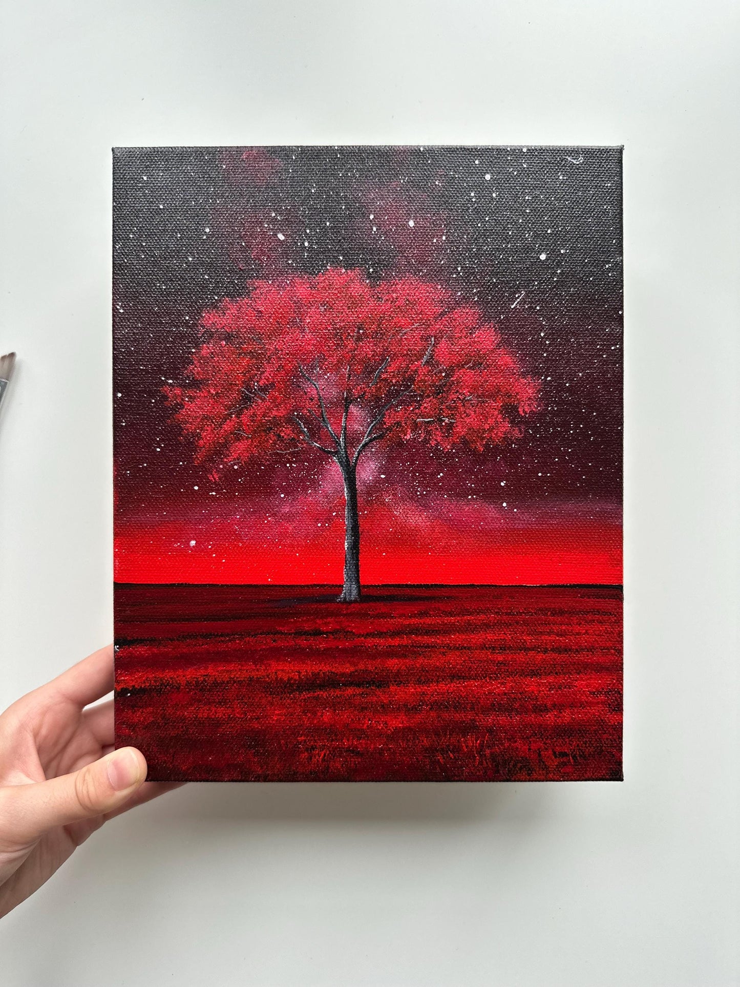 Crimson Tree Under the Stars – 8x10 Acrylic Painting on Gallery-Wrapped Canvas