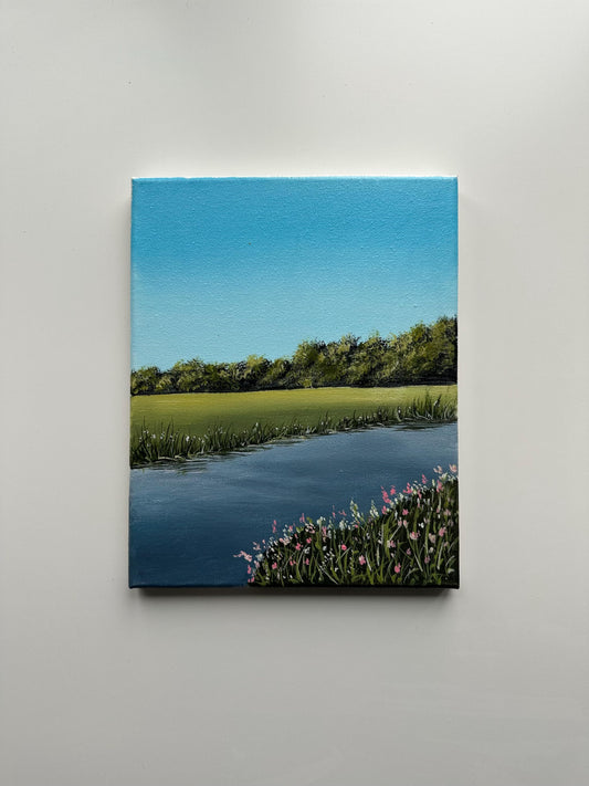 Pink Blooms by the Lake – 8x10 Original Acrylic Landscape Painting