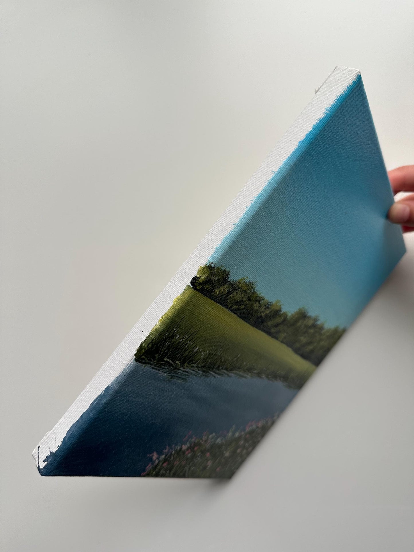 Pink Blooms by the Lake – 8x10 Original Acrylic Landscape Painting