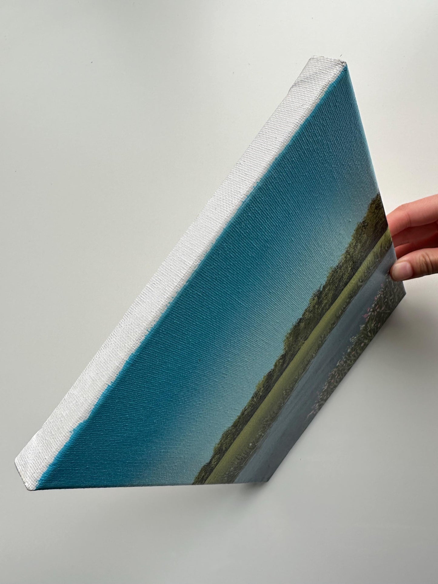 Pink Blooms by the Lake – 8x10 Original Acrylic Landscape Painting