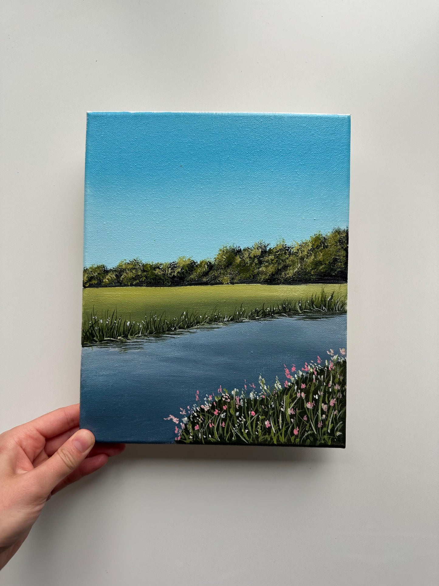 Pink Blooms by the Lake – 8x10 Original Acrylic Landscape Painting