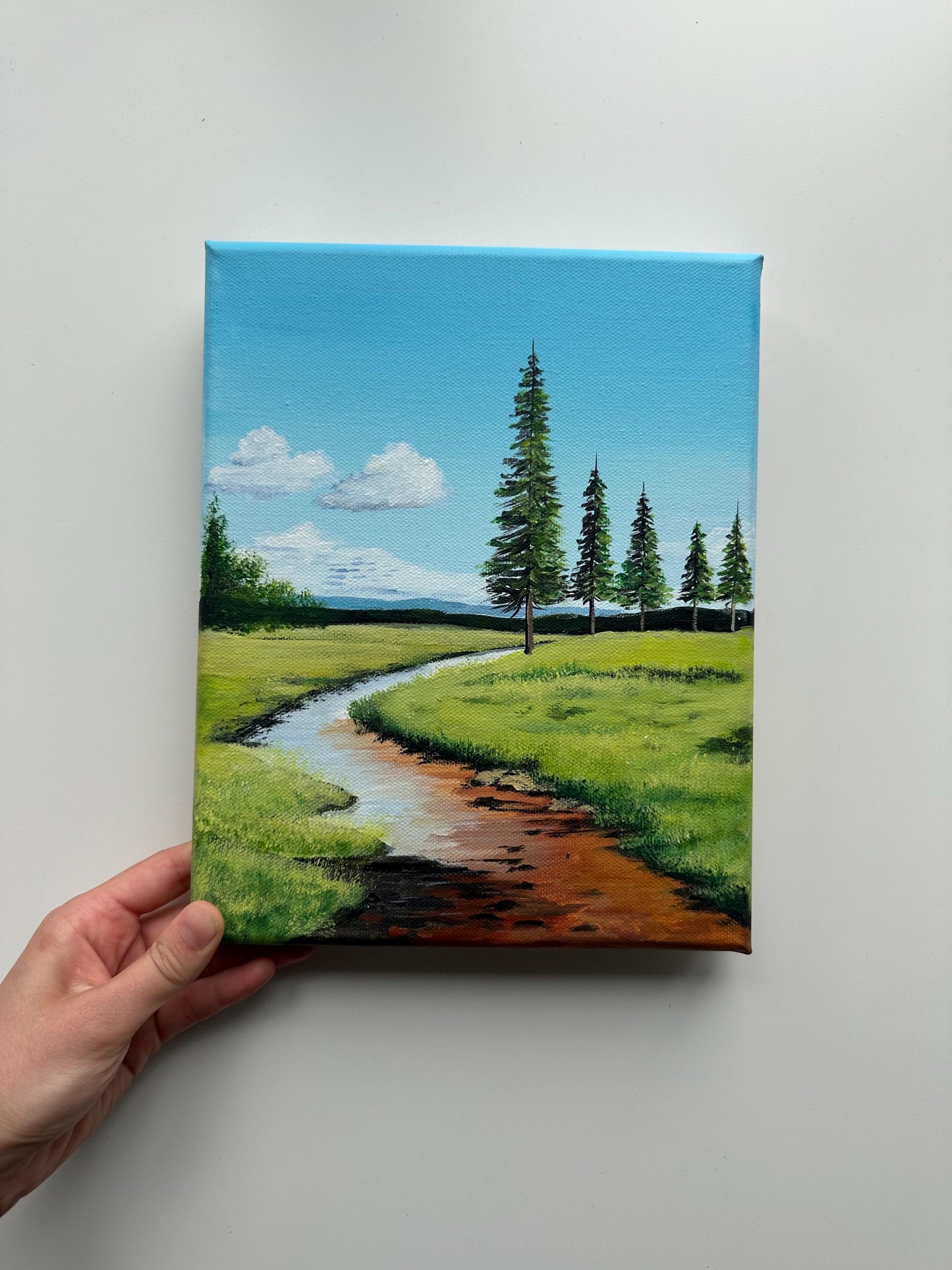 Riverbend Through Pine Fields – 8x10  Original Acrylic Landscape Art