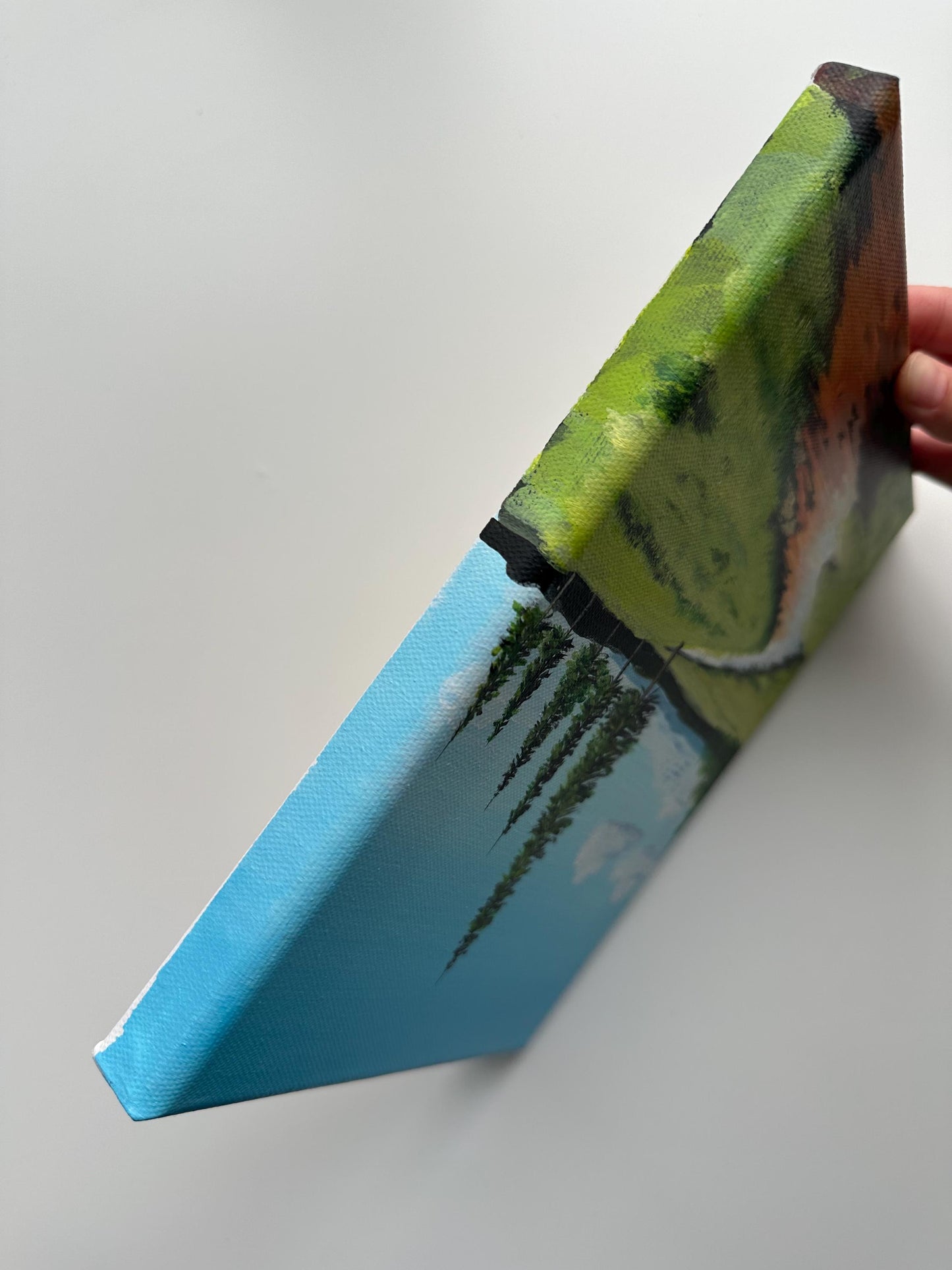 Riverbend Through Pine Fields – 8x10  Original Acrylic Landscape Art