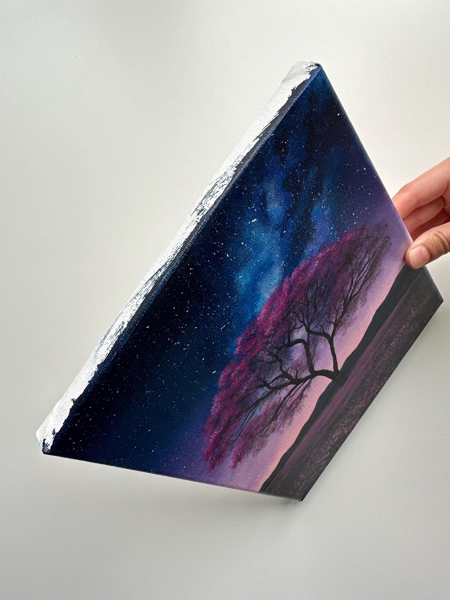 Purple Skies and Galaxy Tree – 8x10 Original Acrylic Night Landscape
