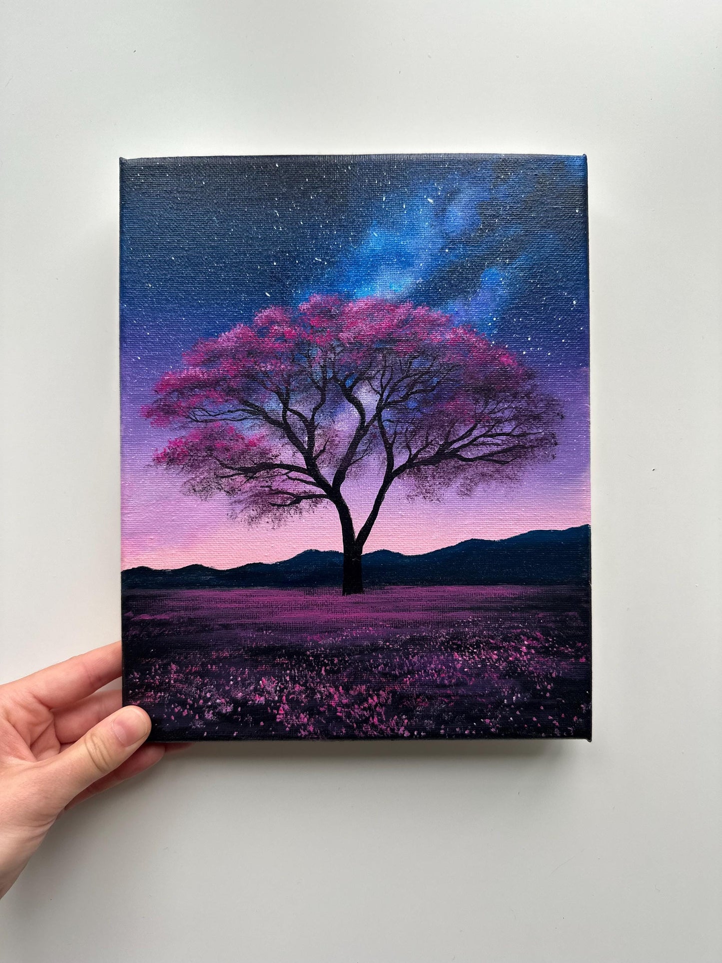 Purple Skies and Galaxy Tree – 8x10 Original Acrylic Night Landscape