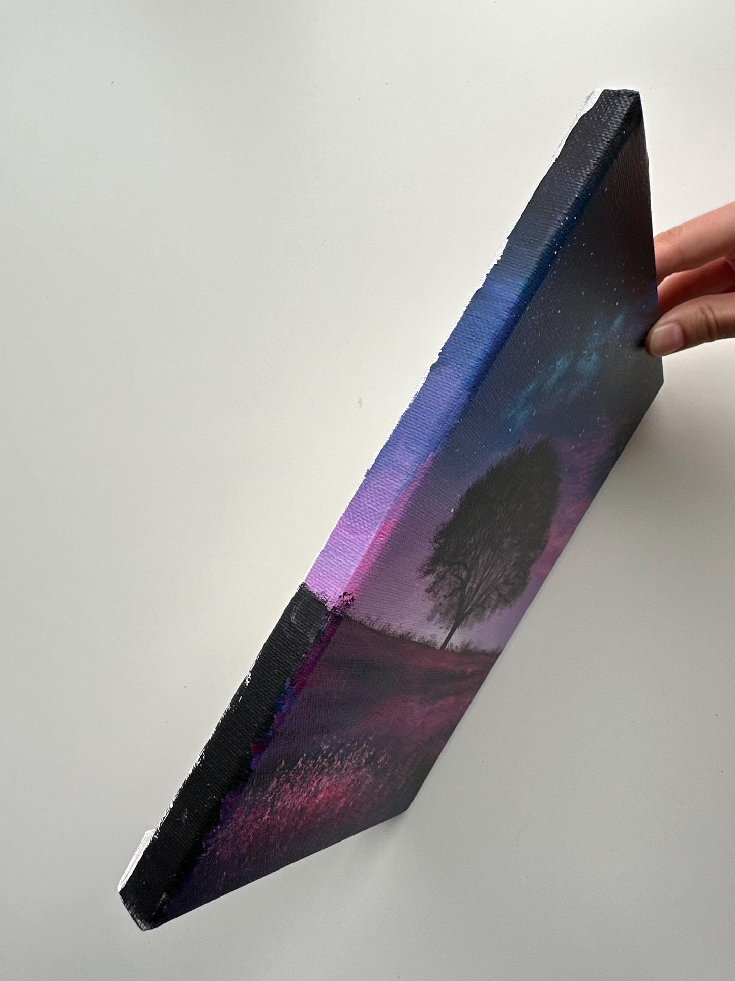 Starry Night Over Wildflower Field – 8x10 Original Acrylic Tree Painting