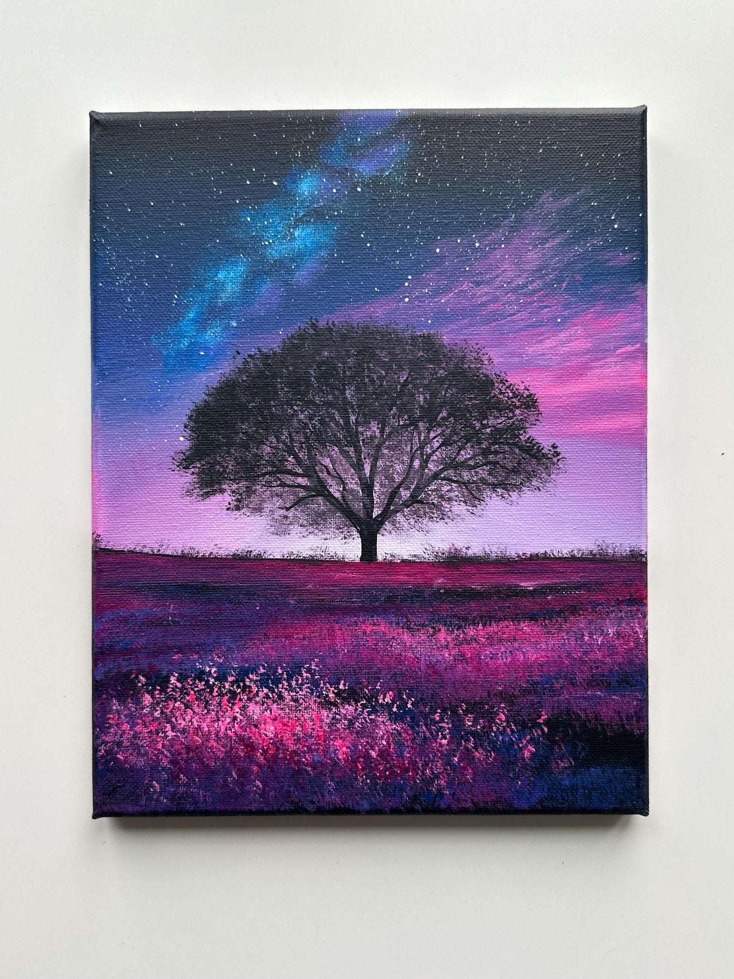 Starry Night Over Wildflower Field – 8x10 Original Acrylic Tree Painting