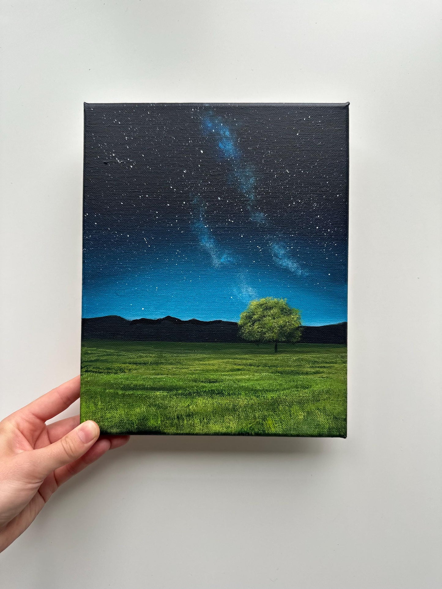 Starlit Green Field – 8x10 Original Acrylic Landscape with Tree