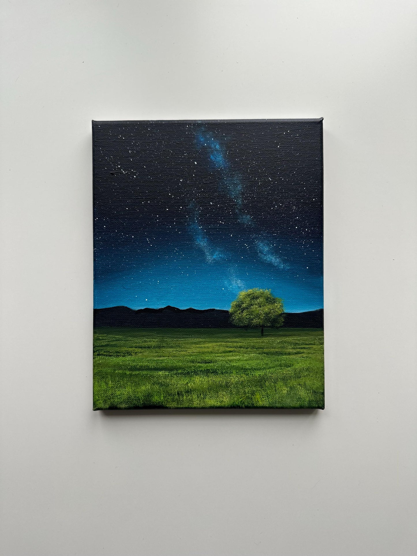 Starlit Green Field – 8x10 Original Acrylic Landscape with Tree