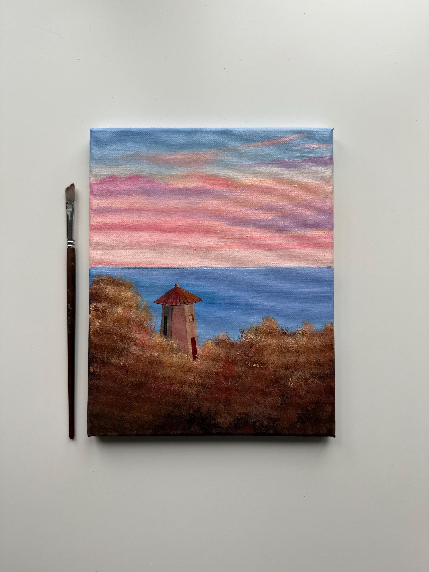 Coastal Serenity: Sunset Over the Lighthouse - Original 8x10” Acrylic Painting