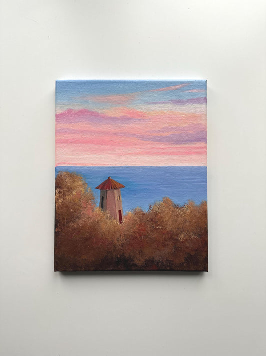 Coastal Serenity: Sunset Over the Lighthouse - Original 8x10” Acrylic Painting