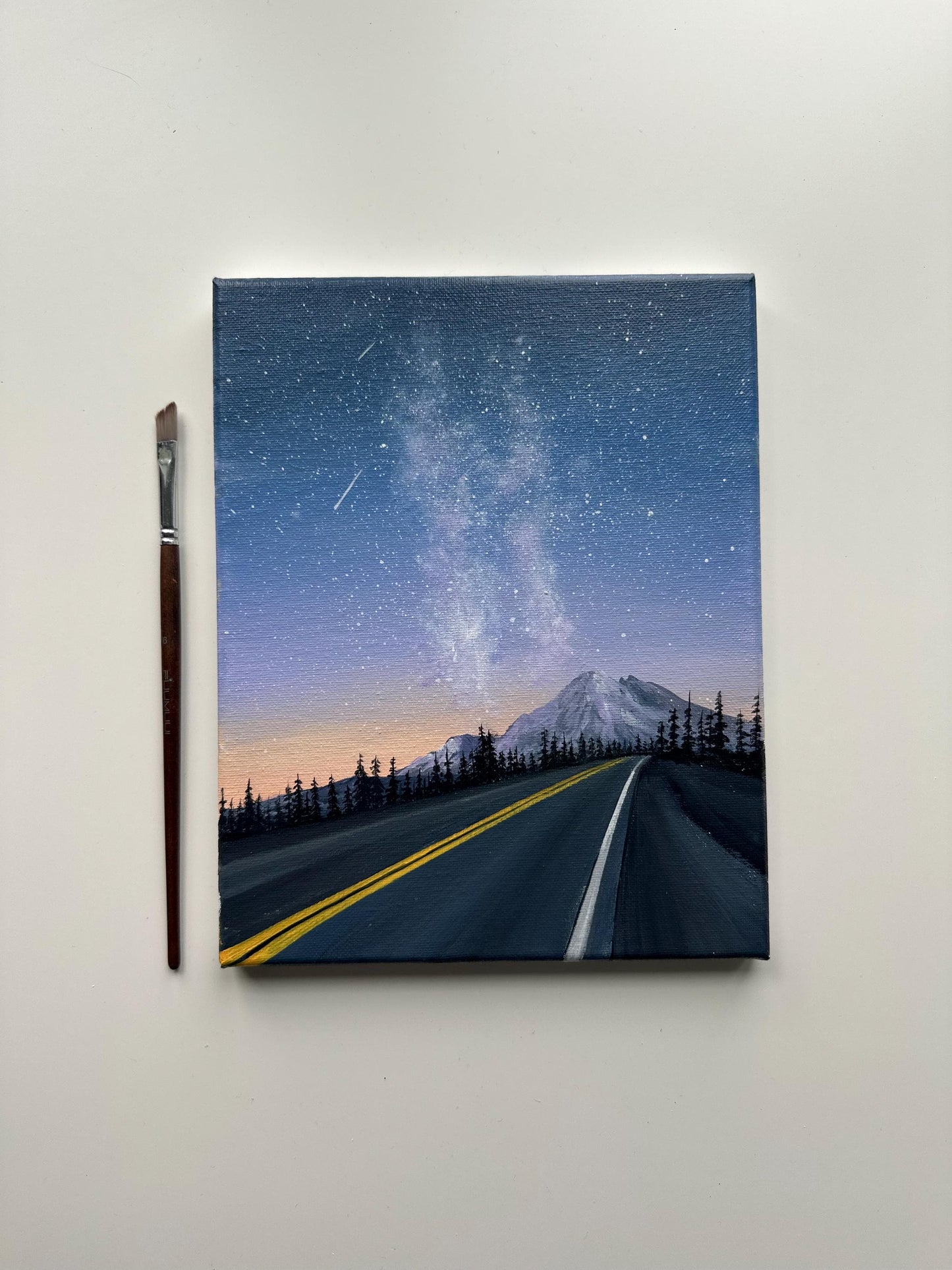 Road to the Stars: Mountain Highway Under a Starry Night - Original 8x10” Acrylic Painting