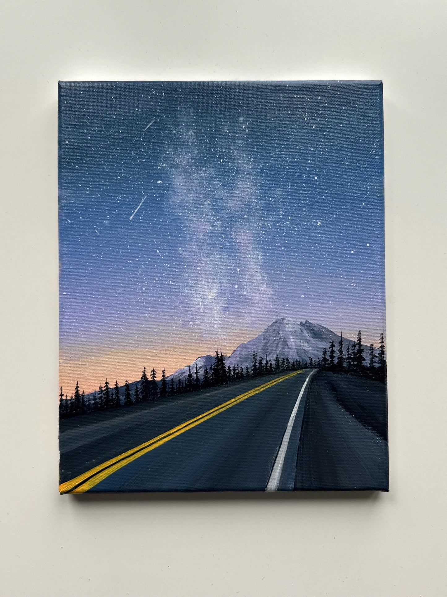 Road to the Stars: Mountain Highway Under a Starry Night - Original 8x10” Acrylic Painting