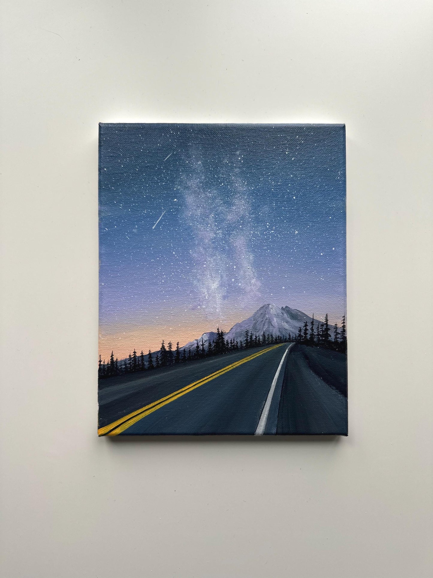 Road to the Stars: Mountain Highway Under a Starry Night - Original 8x10” Acrylic Painting