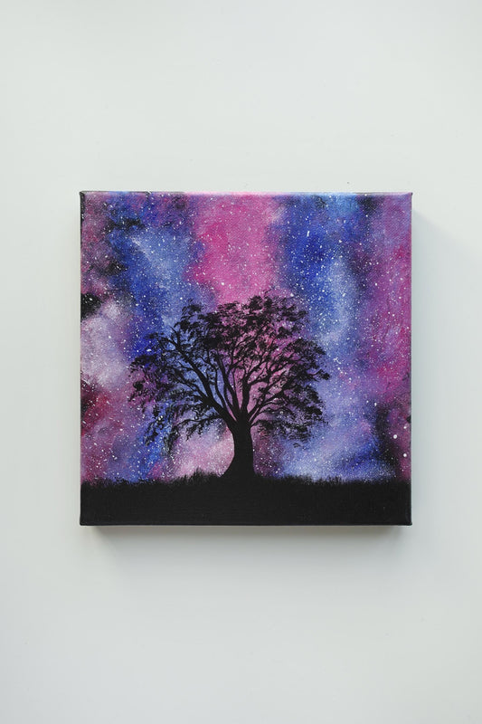 Acrylic painting on stretched canvas by ab mini art. Cosmic galaxy painting on canvas. Aesthetic dreamy landscape painting. Tree artwork.Home decor wall art . Acrylic on canvas. Starry sky painting.