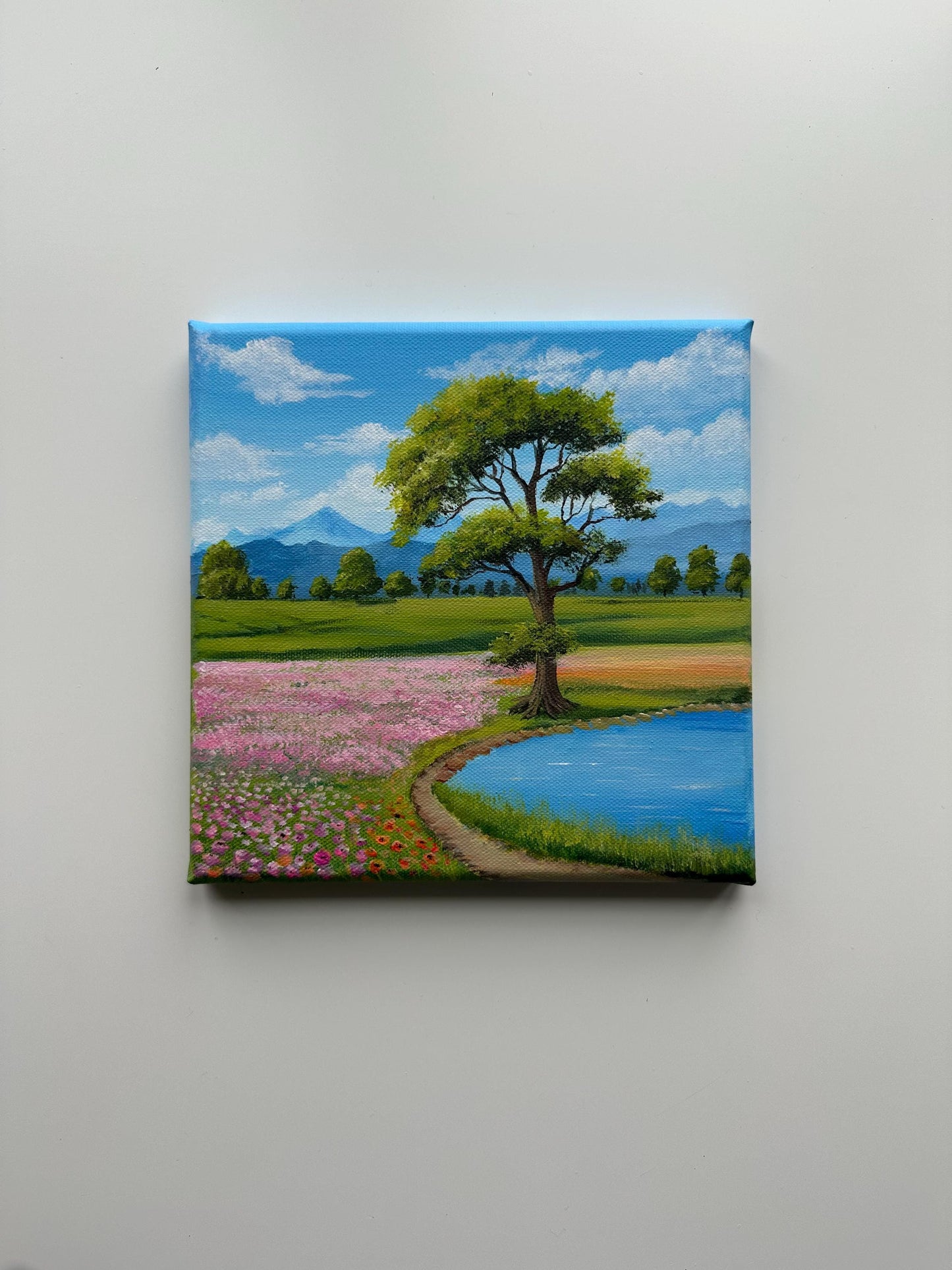 Spring by the Pond – 8x8 Original Acrylic Landscape Painting