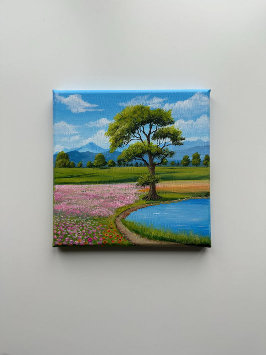 Spring by the Pond – 8x8 Original Acrylic Landscape Painting