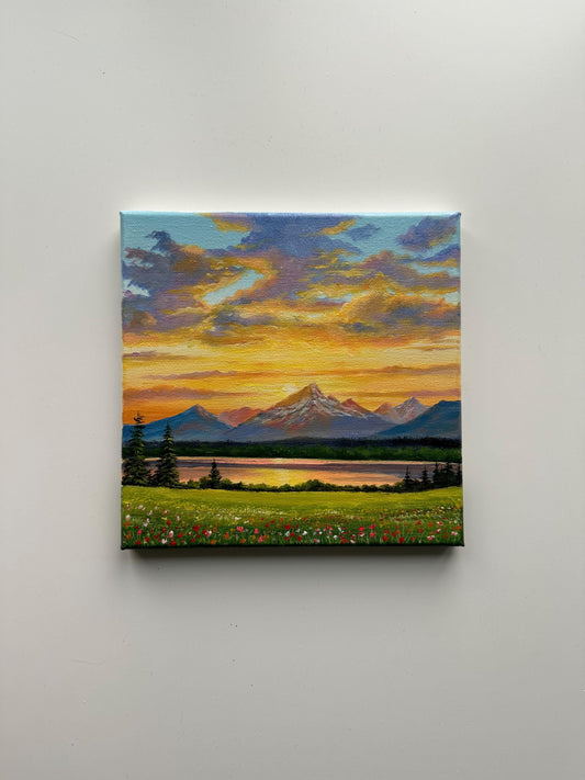 Golden Hour View – 8x8 Acrylic Landscape Painting with Sunset and Mountains