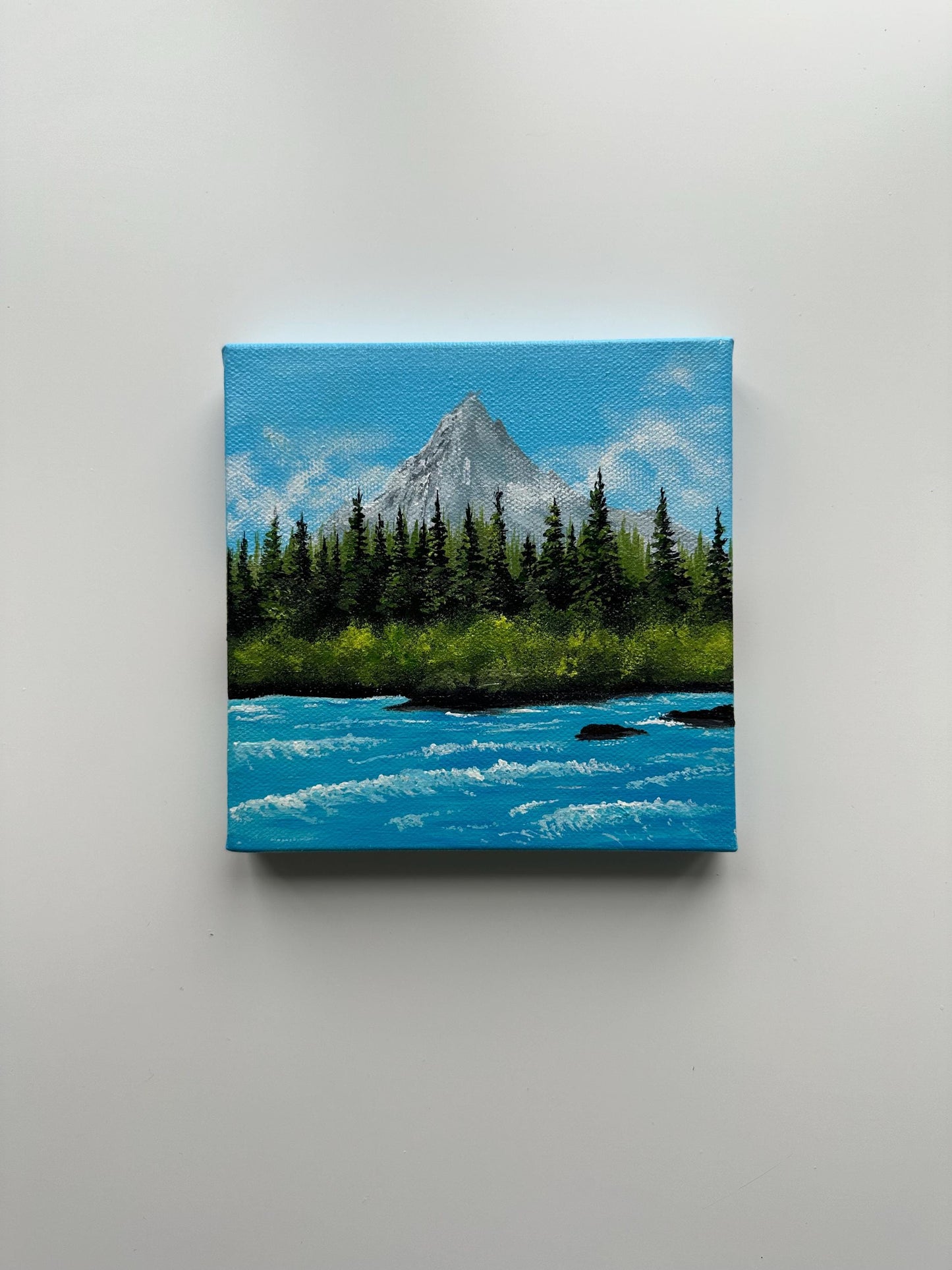 River Beneath the Peaks – 6x6 Acrylic Mountain Painting