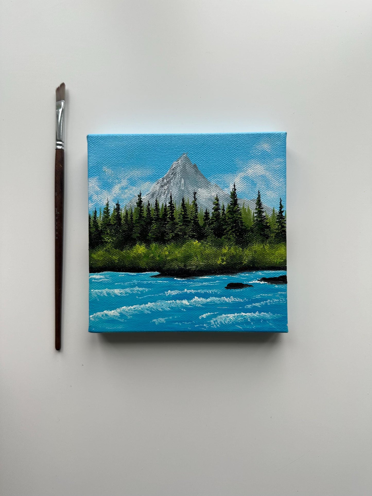 River Beneath the Peaks – 6x6 Acrylic Mountain Painting