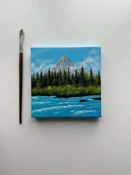 River Beneath the Peaks – 6x6 Acrylic Mountain Painting