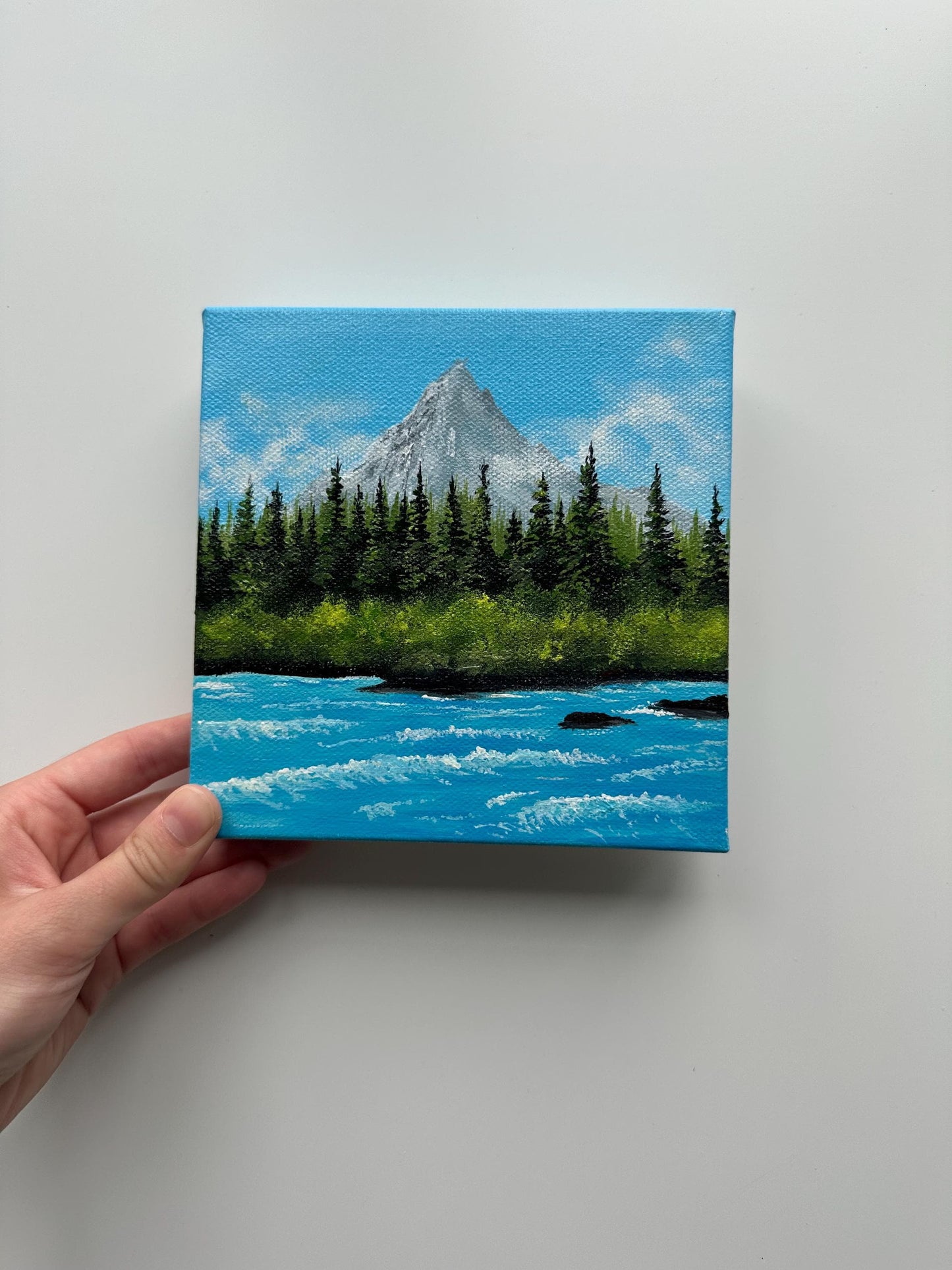 River Beneath the Peaks – 6x6 Acrylic Mountain Painting