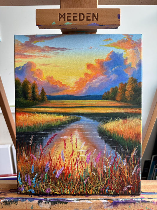 Golden Horizon – Sunset Reflection Acrylic Painting on 11x14 Canvas