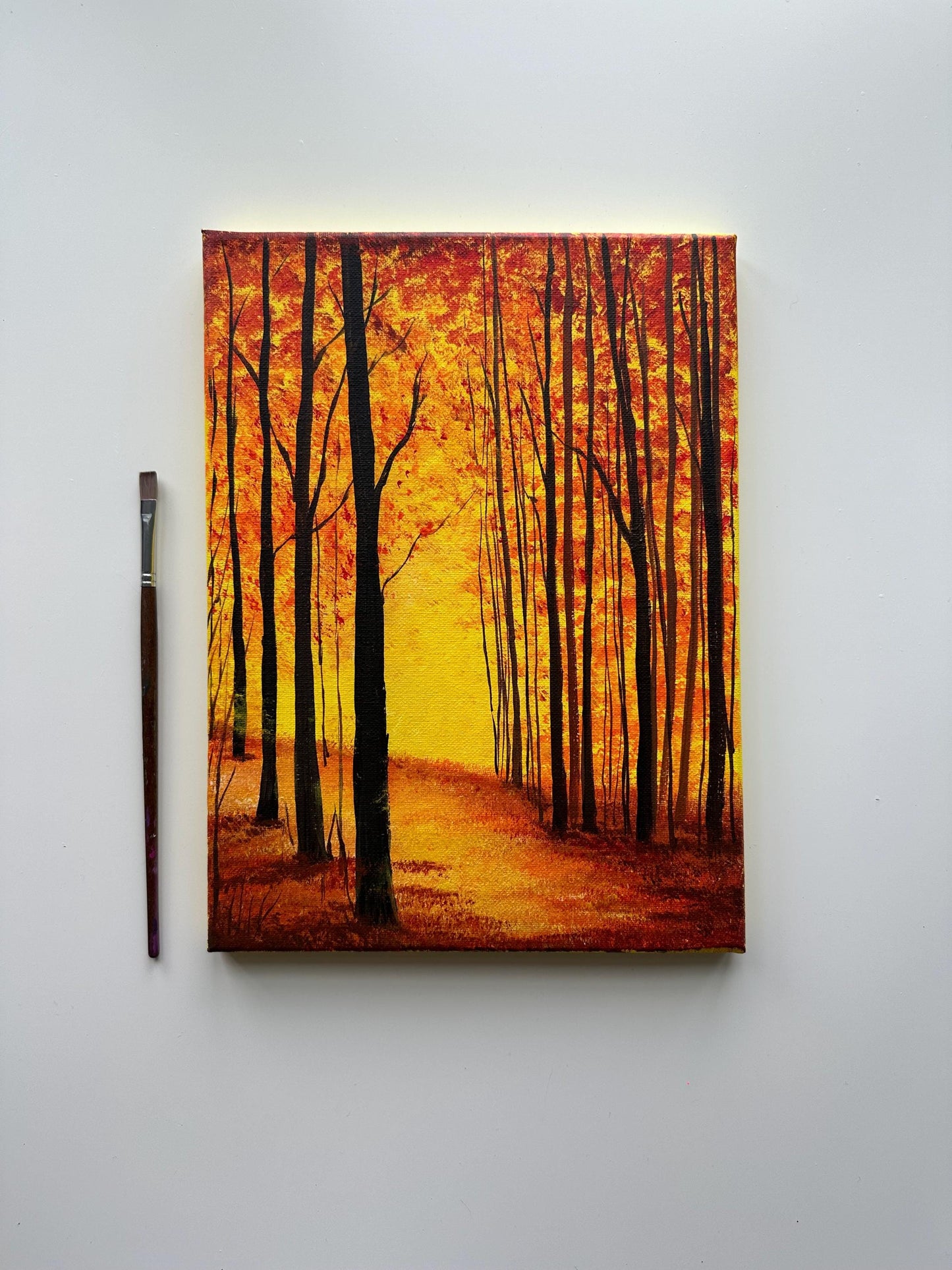 Original Autumn Woods Acrylic Painting - Golden Hour Forest Art (9x12 Canvas)