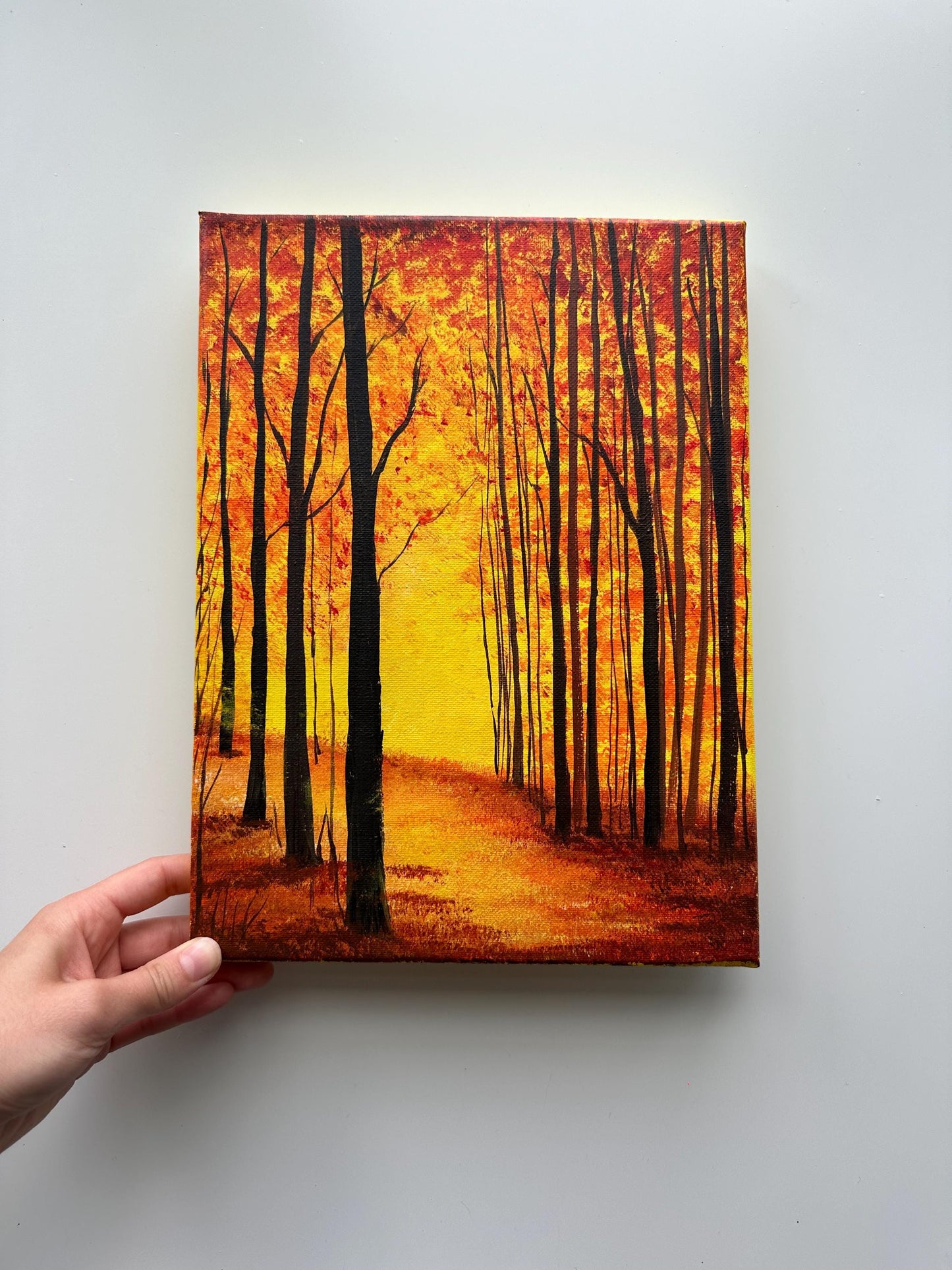 Original Autumn Woods Acrylic Painting - Golden Hour Forest Art (9x12 Canvas)