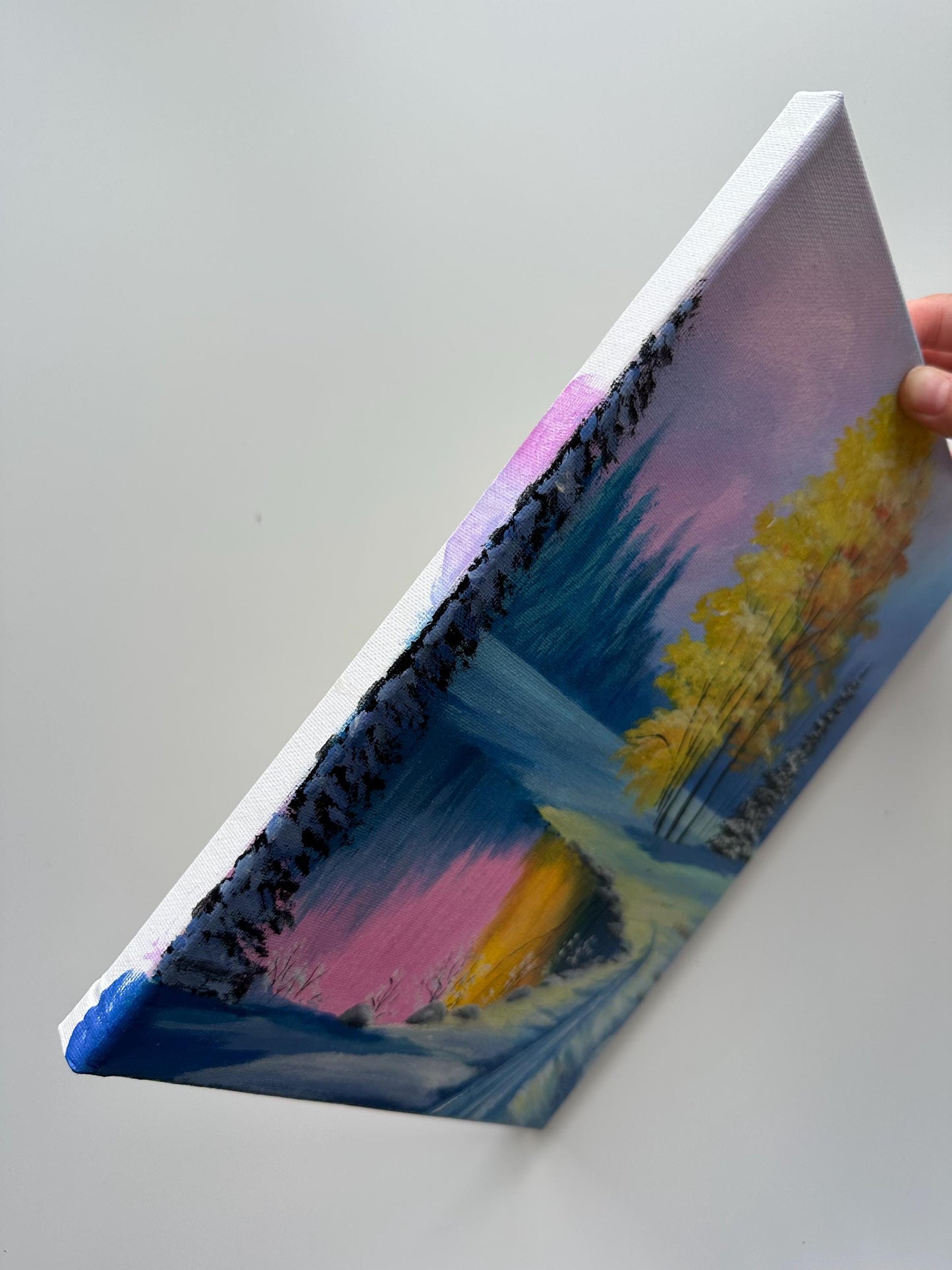 Original Winter Lake Acrylic Painting – Snowy Forest Scene, 9x12 Canvas