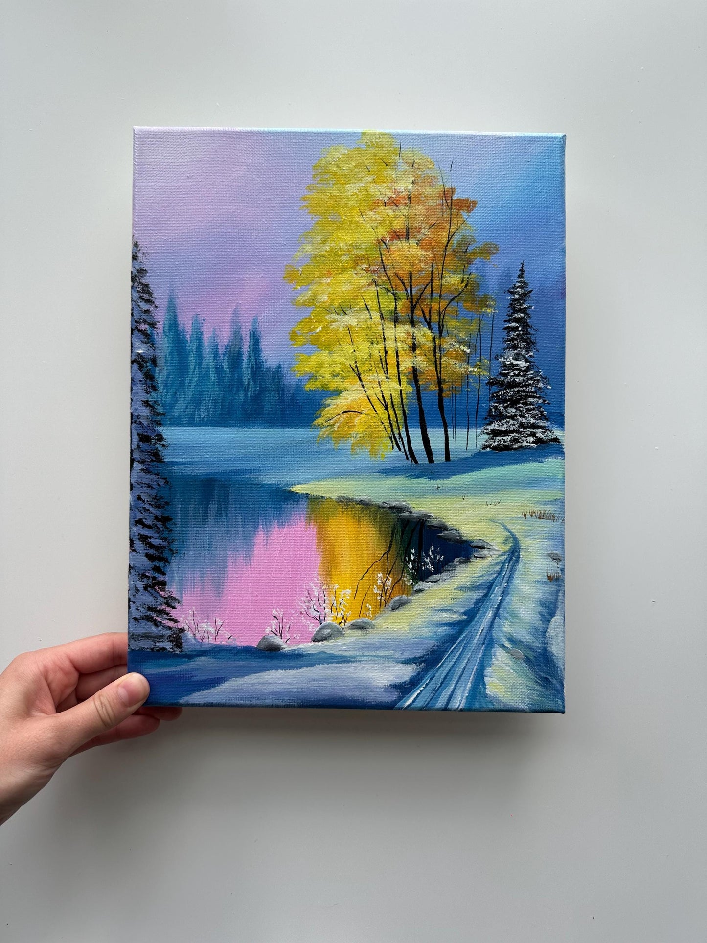 Original Winter Lake Acrylic Painting – Snowy Forest Scene, 9x12 Canvas