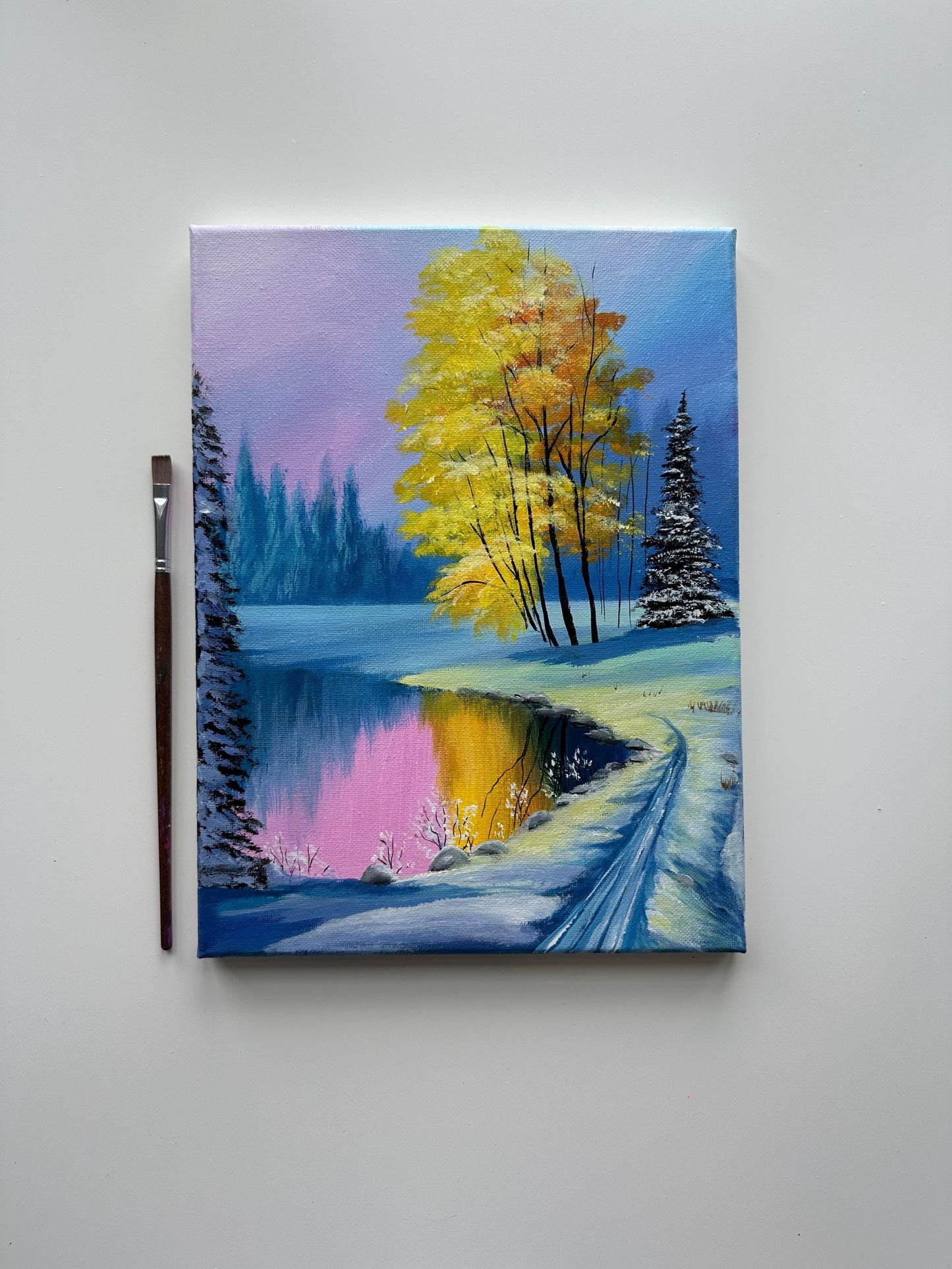 Original Winter Lake Acrylic Painting – Snowy Forest Scene, 9x12 Canvas