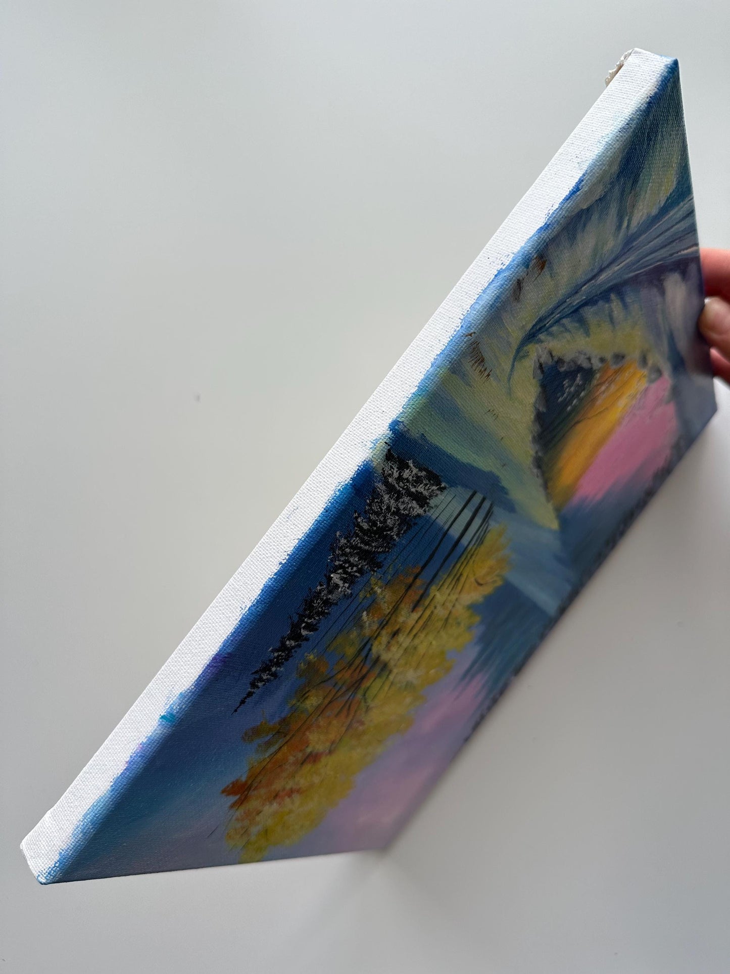 Original Winter Lake Acrylic Painting – Snowy Forest Scene, 9x12 Canvas