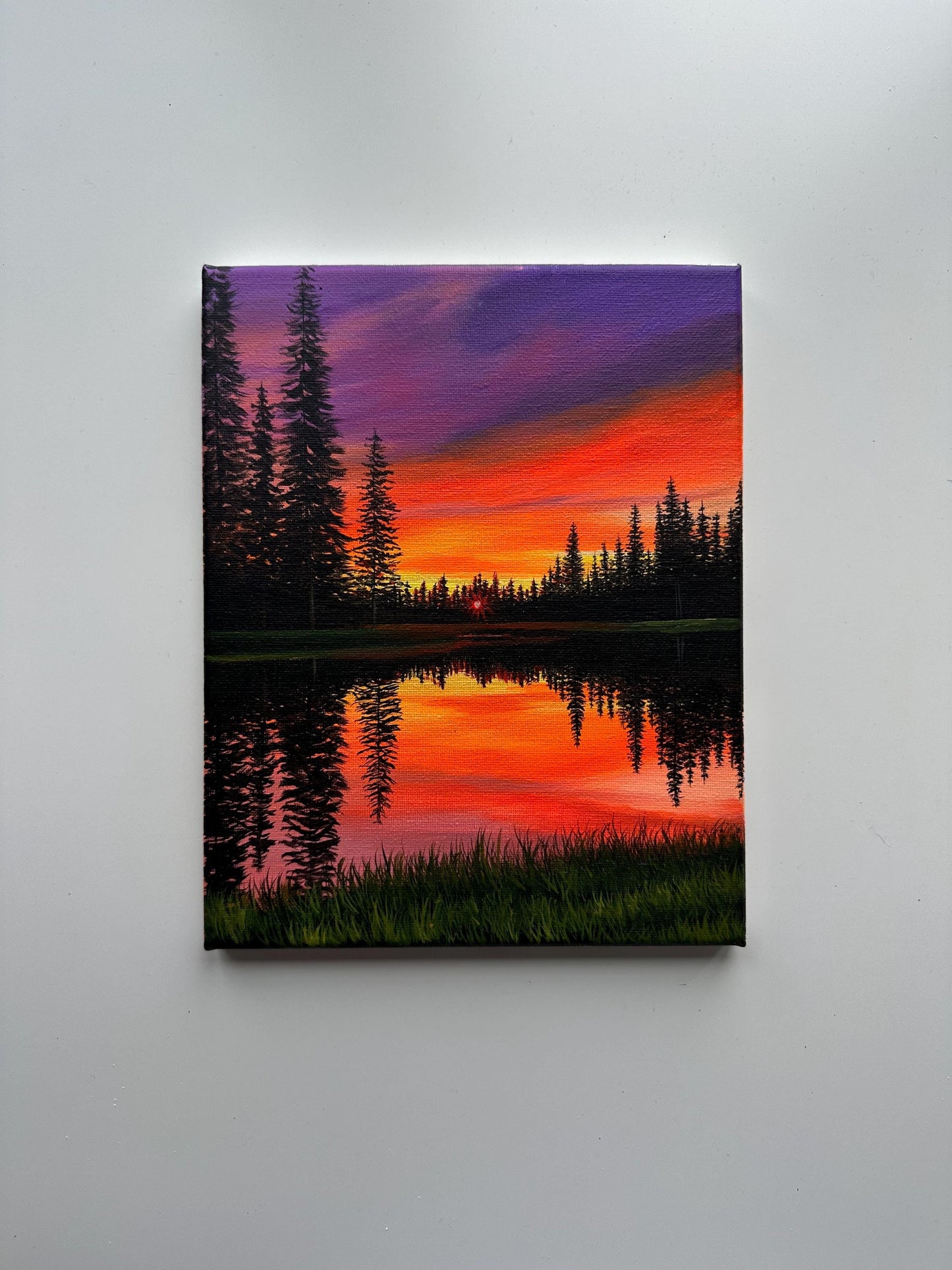 Original Sunset Landscape Painting – 8x10 Lake Reflection Art on Canvas – Colorful Sky & Pine Trees