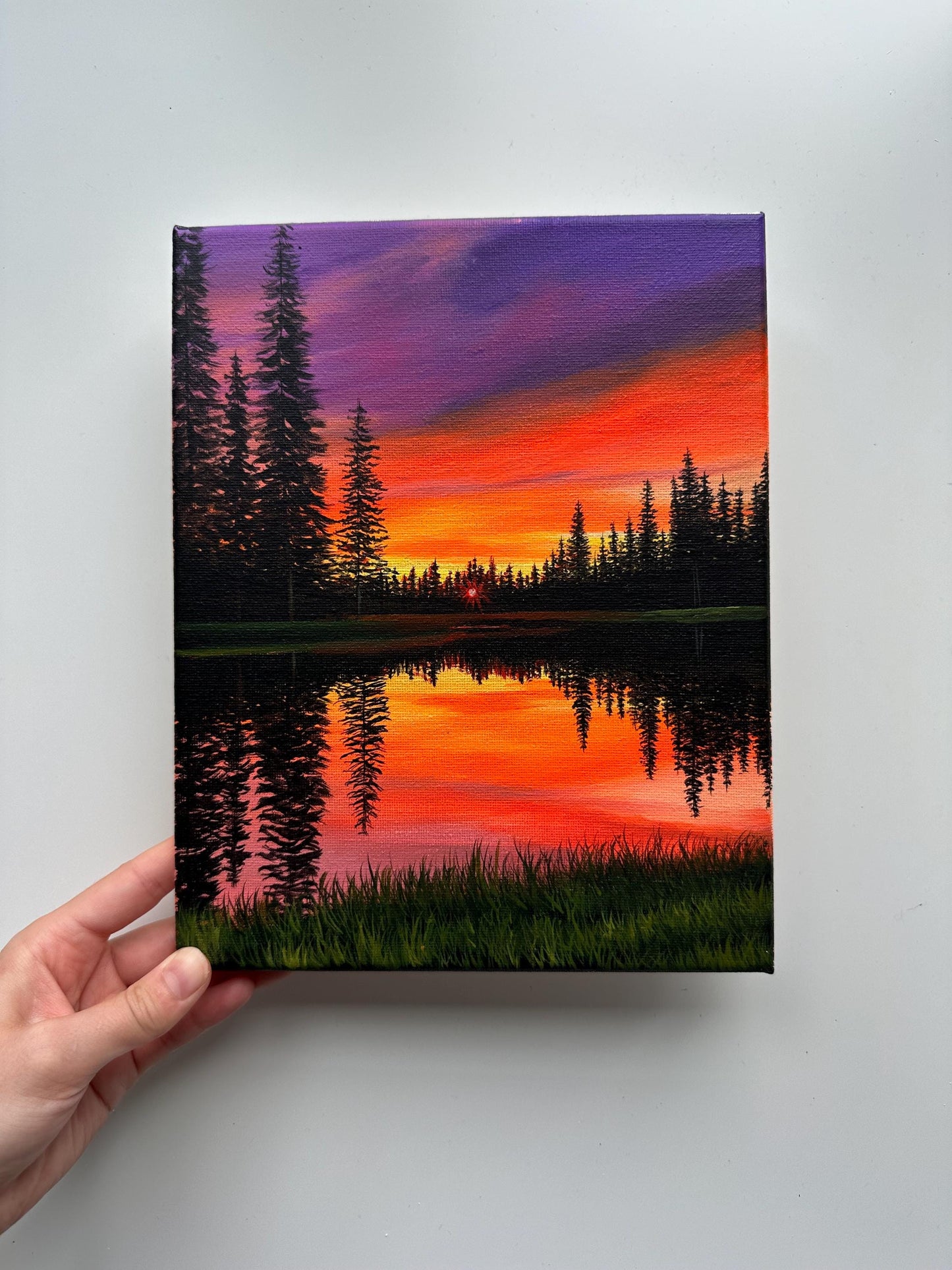 Original Sunset Landscape Painting – 8x10 Lake Reflection Art on Canvas – Colorful Sky & Pine Trees